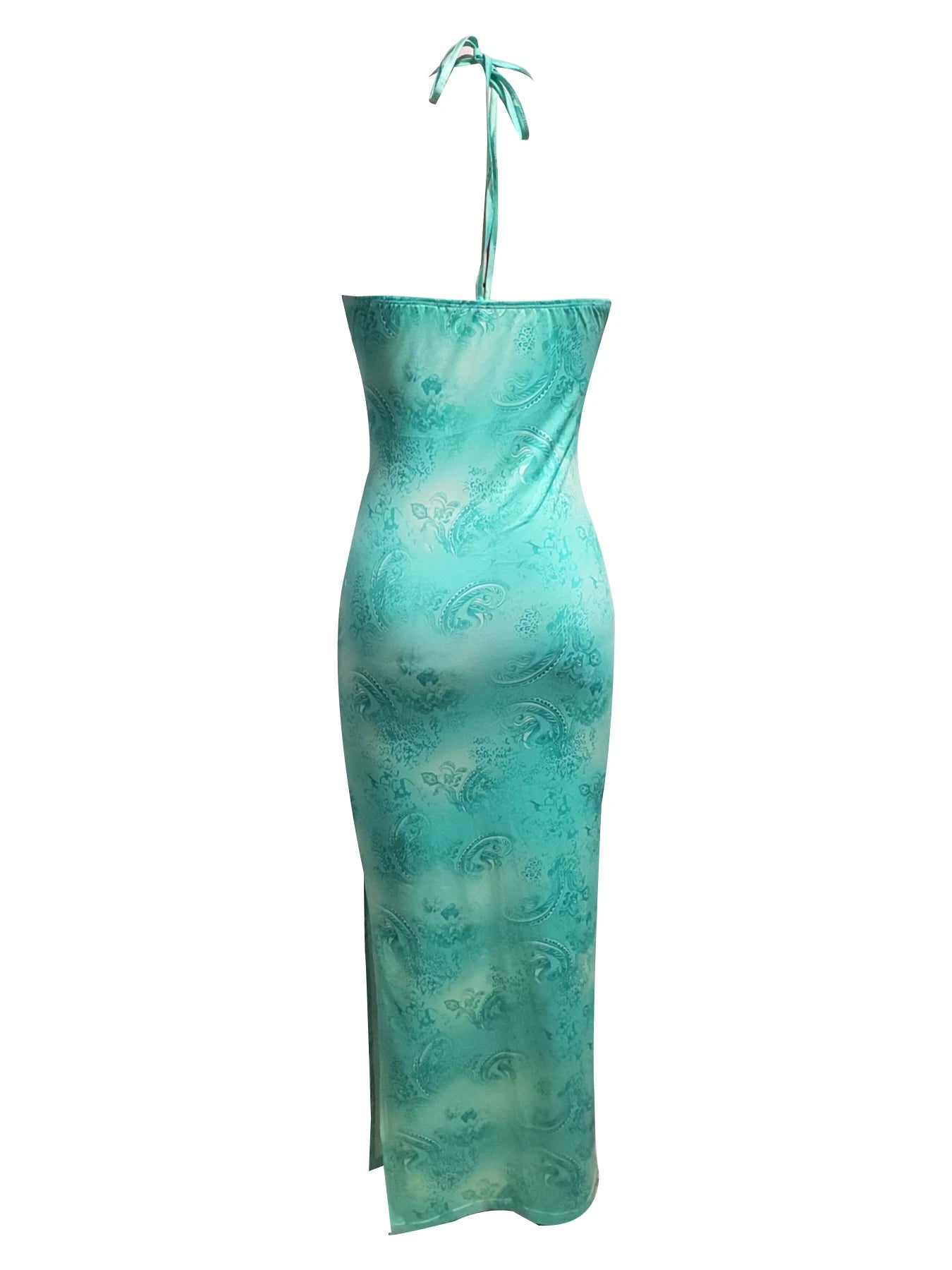 Maxi Dress Spring Summer Women Teal Spaghetti Strap Cowl Neck Ruched Paisley Print Bodycon Sexy Chic Vacation Beach Party Dress
