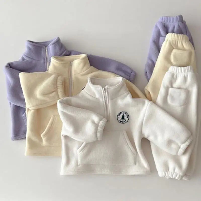 2025 Autumn Baby Boys Clothing Sets Children Thicken Plush Clothes Girls Solid Cotton High Collar Tops+ Pant 2 Pieces Suits