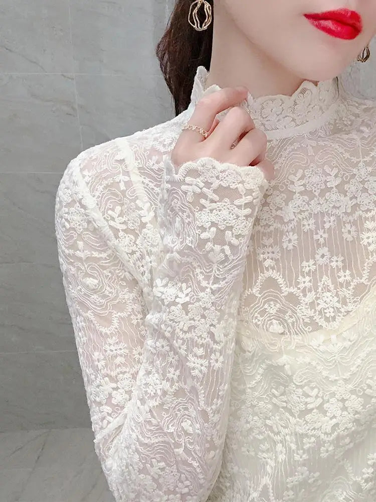 White Lace Base Shirt Women's Autumn Winter New Style Inner Hollow out Half High Collar Mesh Top Fashionable Korean Style Sli...