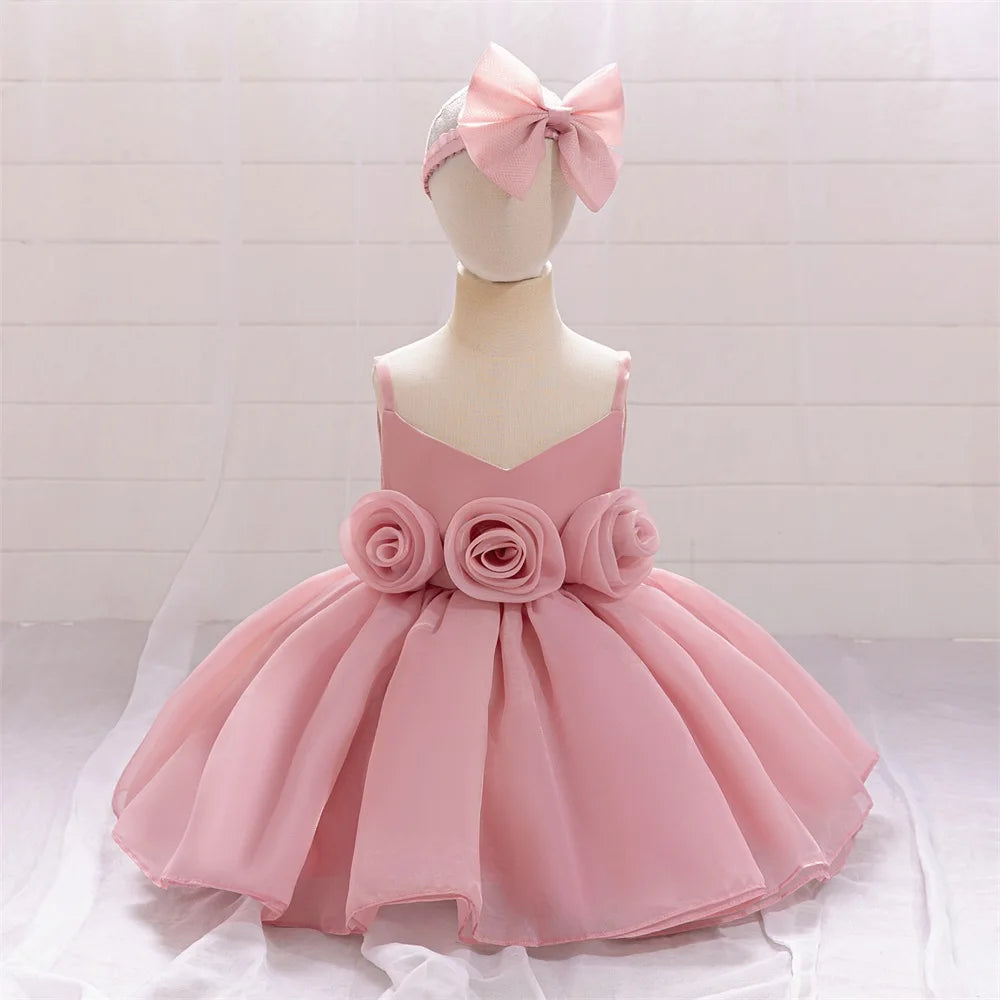 Baby Girl Dress Big Flower Ceremony Pink 1st Birthday Clothes For Baptism Bow Princess Kids Costume Party Wedding Gown Vestidos
