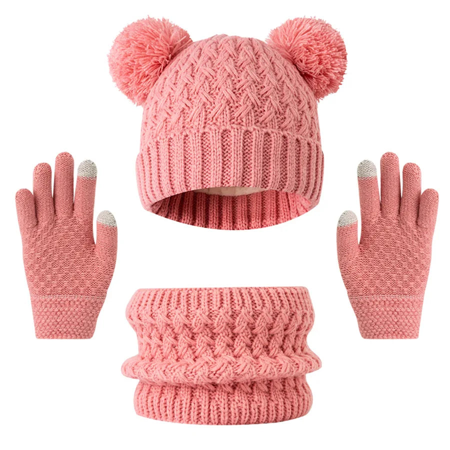 3pc knitted hats, scarves and gloves for children, suitable for children aged 3-12 to keep warm outdoors in winter.