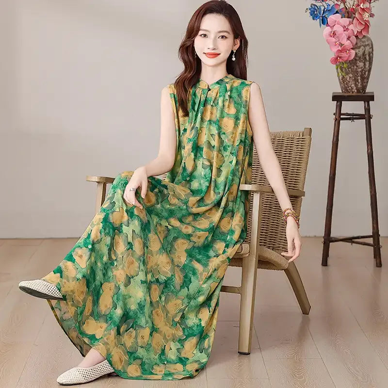 Summer Women's Ink Wash Floral Print Maxi Dress Sleeveless Stand Collar Tie Waist Casual Long Dress
