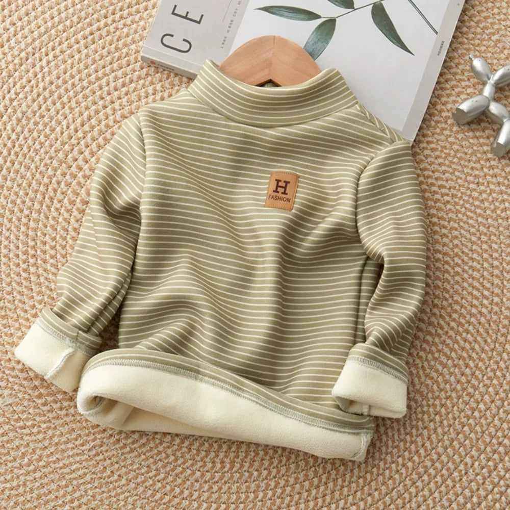 Children's Velvet Bottom Shirt New Mid to Large Children's Half High Collar Warm Autumn and Winter Baby Top Long Sleeve T-shirt