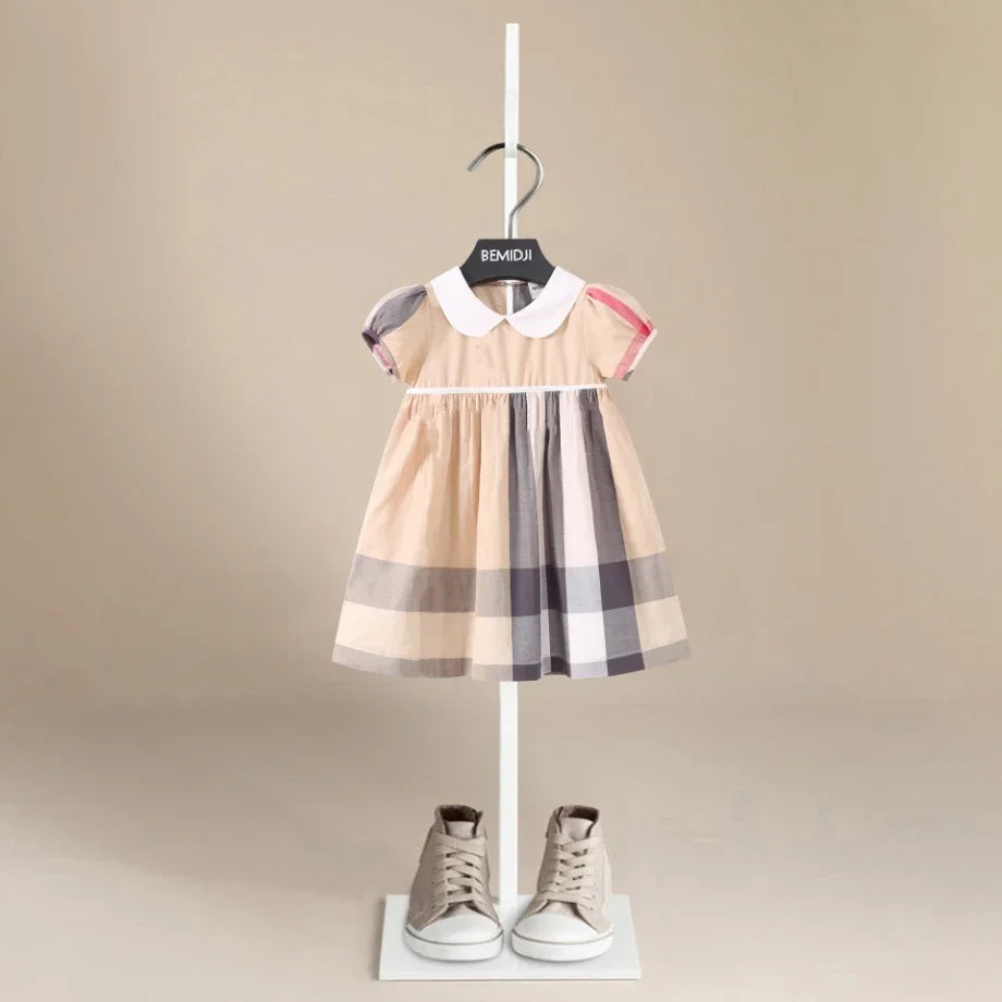Summer Baby  Girls Striped Plaid Puff Sleeved Birthday Party Dress Children Elegant Short Shirts Dresses Chiffon Clothes Kids