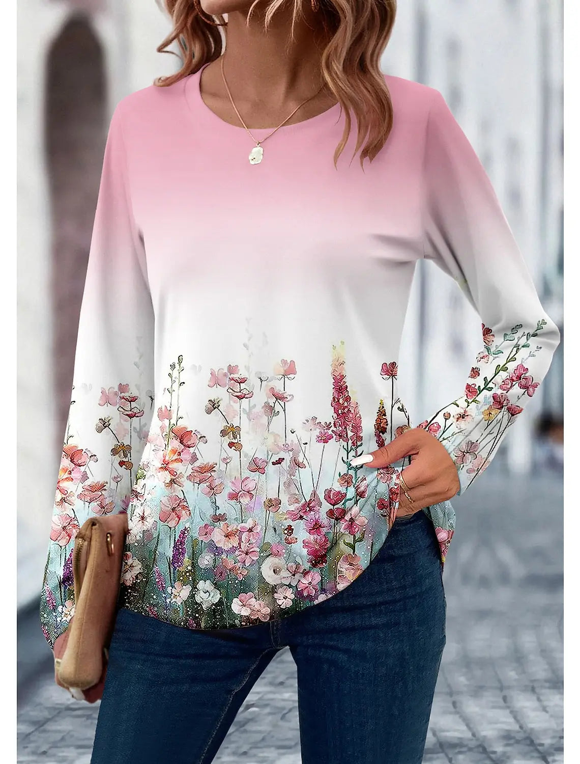 2024 Women's T shirt 3D Print Floral Leaf Design Long Sleeve Daily Weekend Fashion Round Neck Regular Fit Spring & Summer