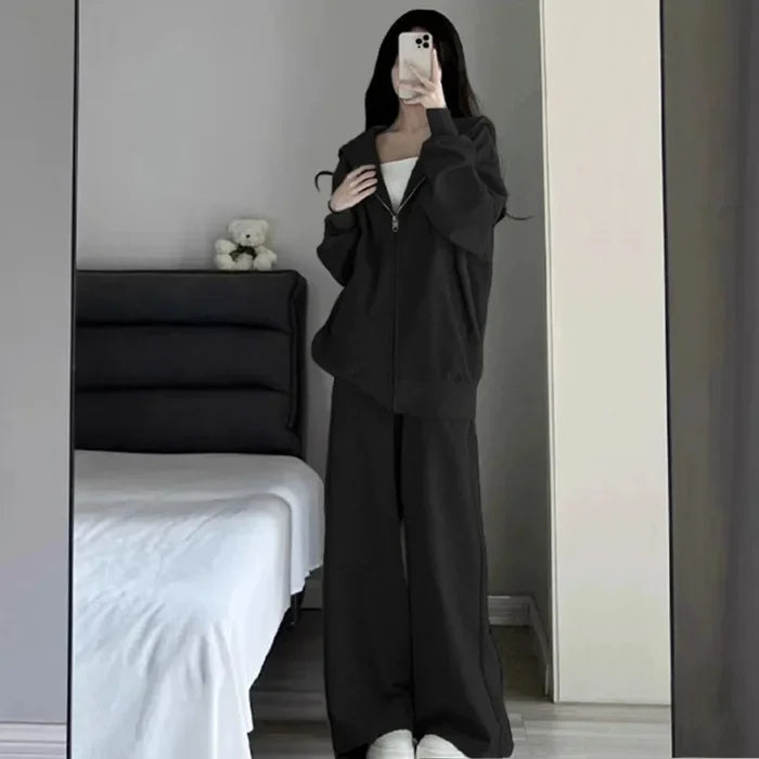 Grey Loose Women's Sportswear Set Autumn Winter Casual Wide Leg Pants Hoodie Two Piece Suit Comfortable Fashion Outfit
