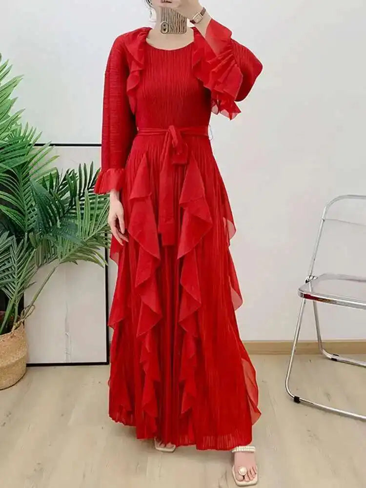 LANMREM Fashion Ruffles Pleated Dress Women Round Neck Flare Sleeves Solid Maxi Belt Dresses Party 2025 Spring New 2AA1502
