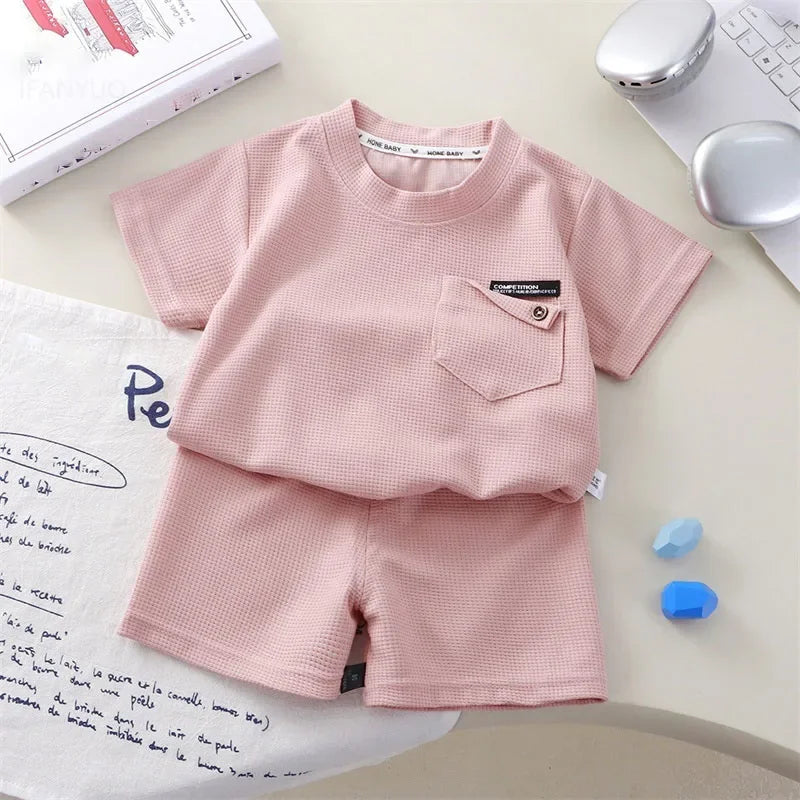 Children Clothing Summer Waffle Short Sleeved Outfits Fashion Boys Girls Casual Sports Shirt Suits Thin Solid Kids Top+pants Set