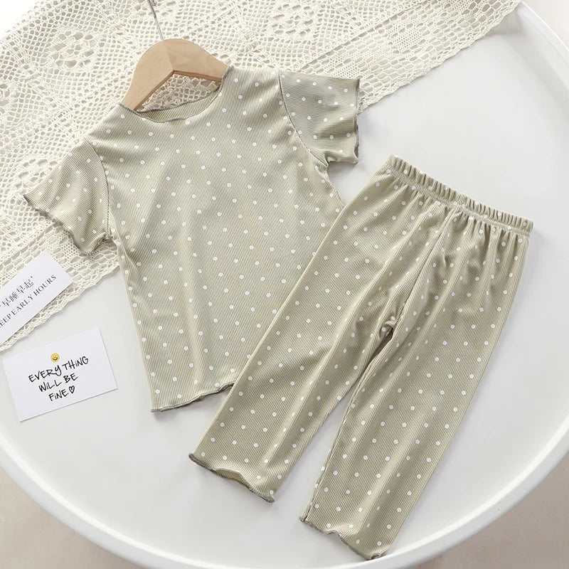 Korean version of summer girls short-sleeved suit comfortable air conditioning suit baby girl ice silk polka dot home clothes