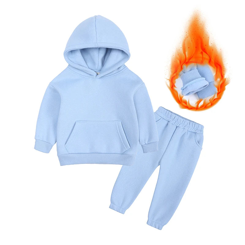 2026 Winter Children Fleece Outfits Toddler Warm Thicken Cotton Soild Hoodies+Pants Tracksuit Kids Boy Girl Sweatsuits Sets