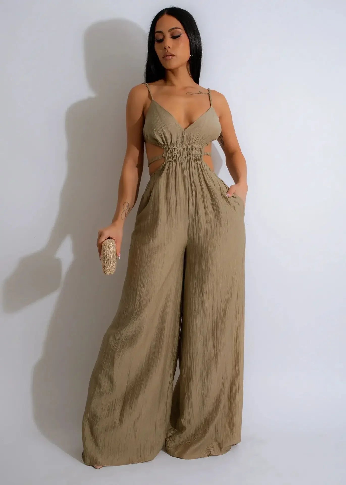 CM.YAYA Women Sleeveless Strap V-neck Backless Wide Leg Long Jumpsuits 2025 Summer Beach Night Club Street Sexy Outfit Rompers