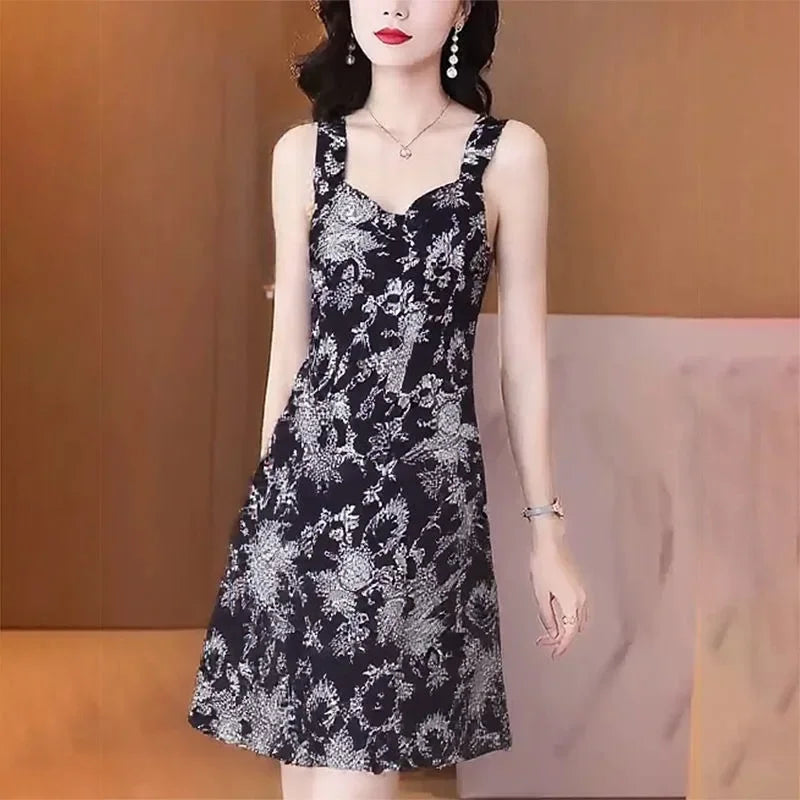 New Style Ladies Summer Simplicity Elegant Fashion Slim Trend Sexy Floral Retro A-line Skirt Fashion Camis Printing Elegant