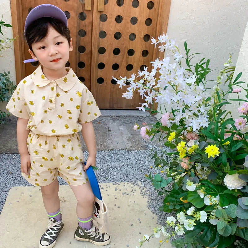 Summer Children Clothes Suit Floral Print Top And Shorts Casual Fashion Suit Kids Clothing For 2-6Y