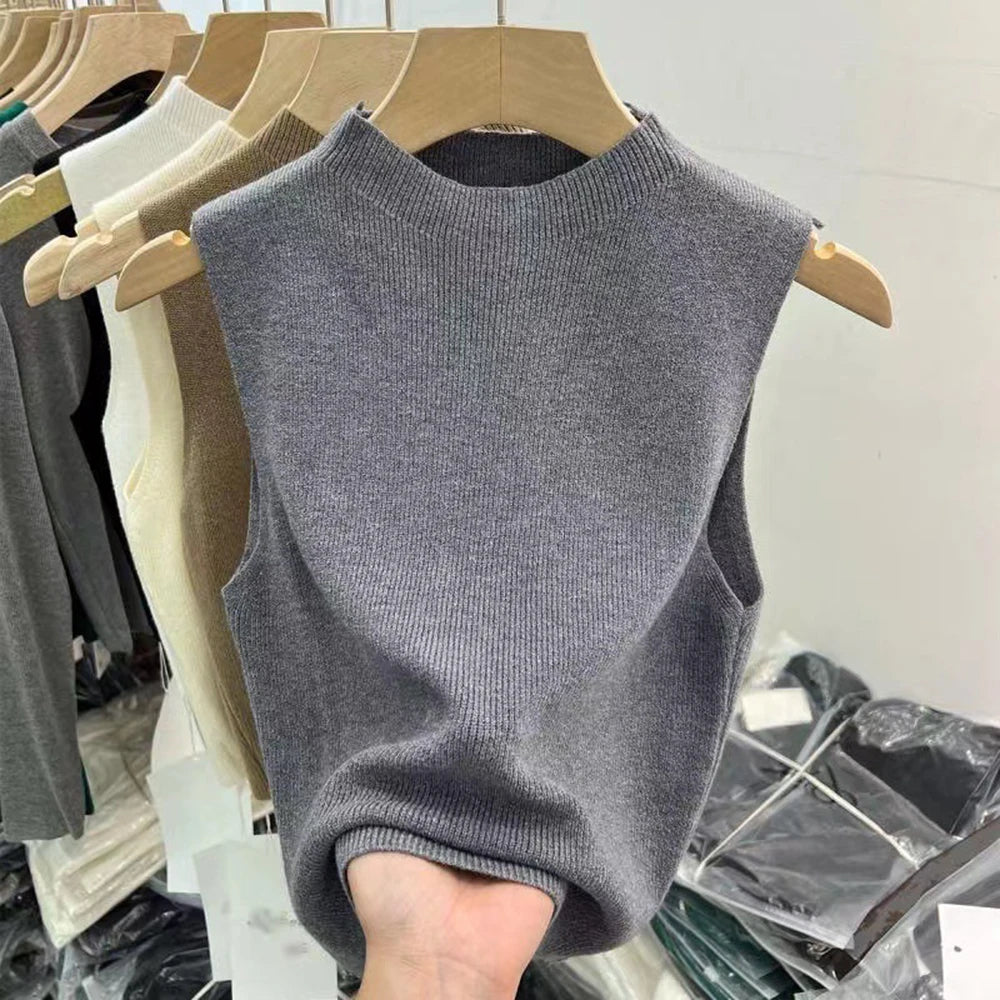 Elegant Knit Vest Top Sleeveless Women Camisole Tees T-Shirt Pure Color Sweater Half-turtleneck Vest Tank Top Simple Cropped Top