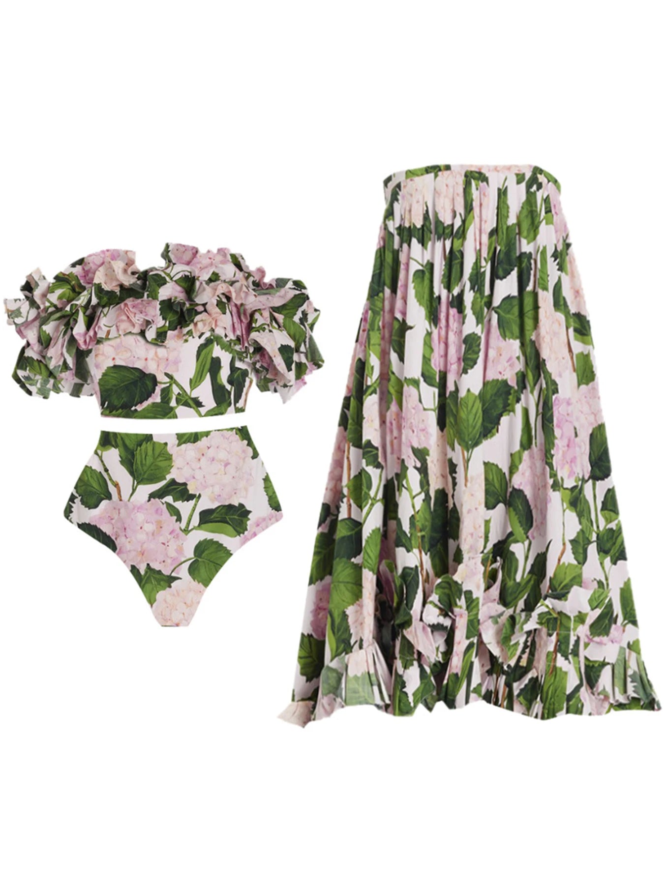 Ruffle High Waist Bikini Set Swimsuit For Women 2024 New Flower Print Swimwear And Beach Dress Female Off Shoulder Bathing Suit