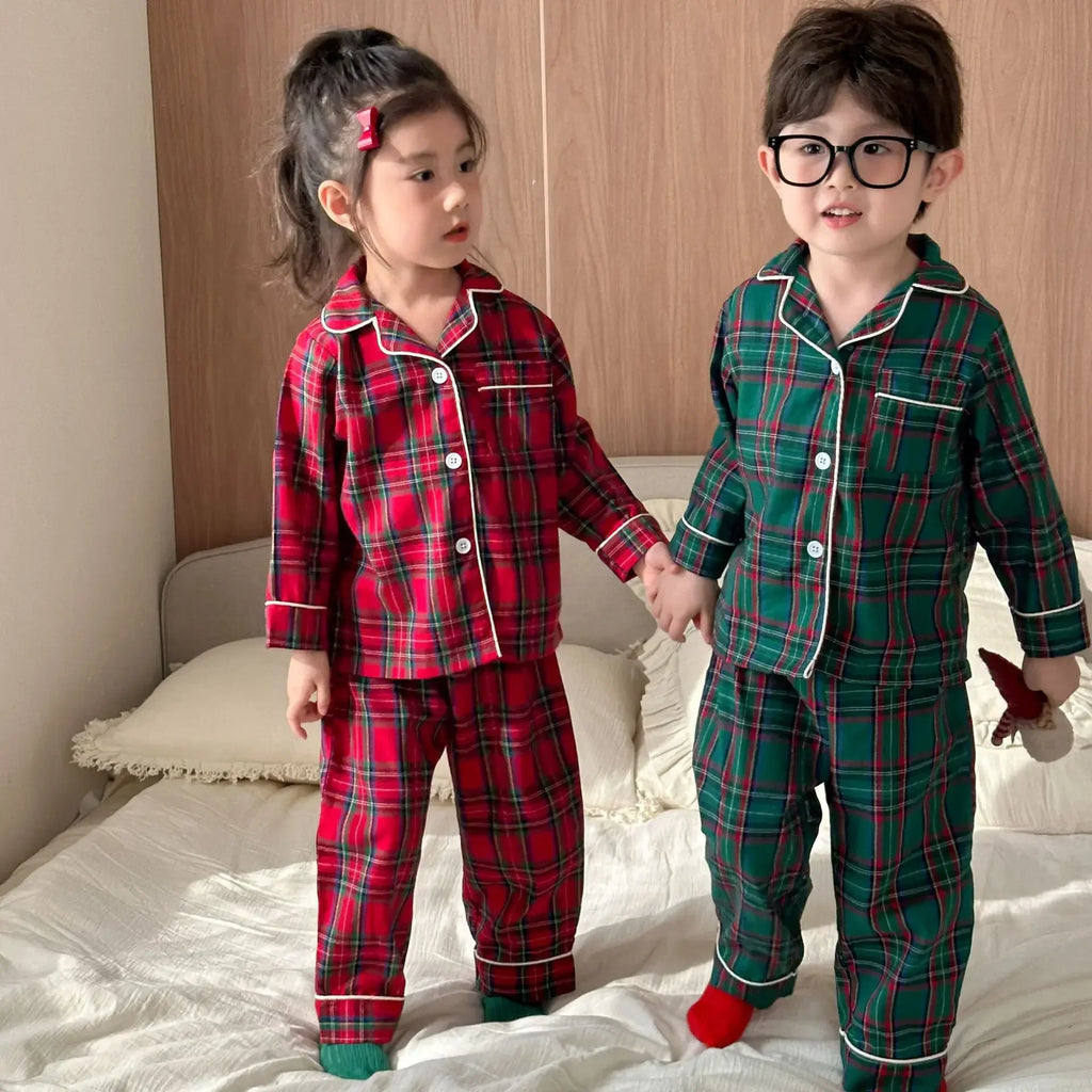 4966 Christmas Children's Pajamas Suit  Autumn Winter Cotton Plaid New Girls Long Sleeve Suit Baby Boy's Home Clothes