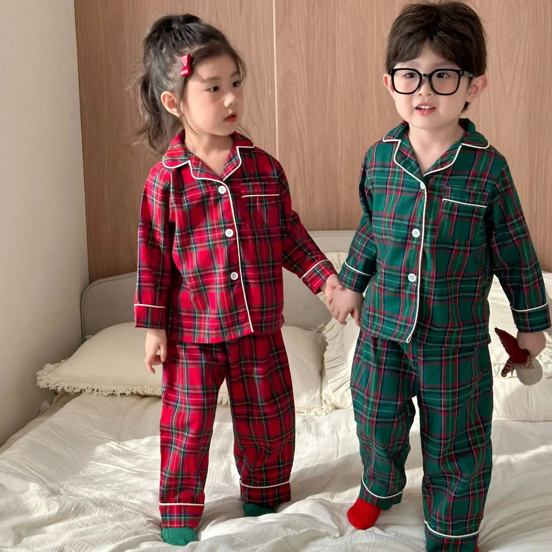 4966 Christmas Children's Pajamas Suit  Autumn Winter Cotton Plaid New Girls Long Sleeve Suit Baby Boy's Home Clothes