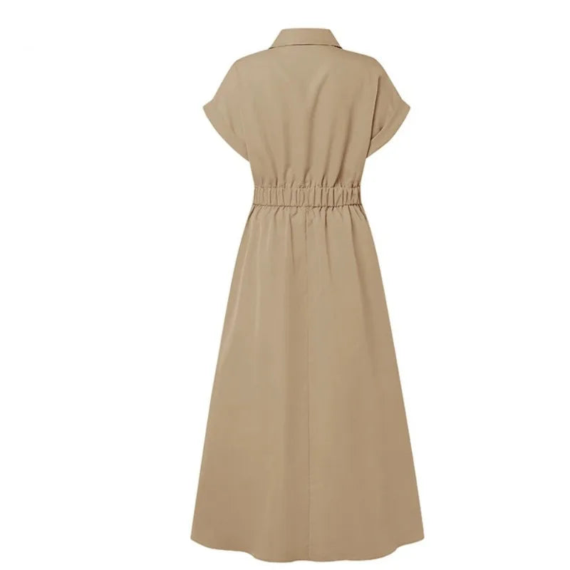 2026 New Fashion Solid Long Dress Short Sleeve Loose Elegant Summer Dress Buttons A-line Party Women's Slim Waist Dress