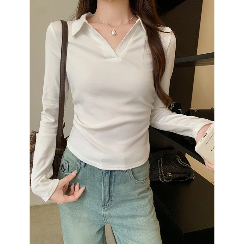 Autumn Cotton Sexy Women's T Shirt Long Sleeve Skinny Slim Basic Solid Black White Crop Top Polo TShirt Casual Top Tee for Women