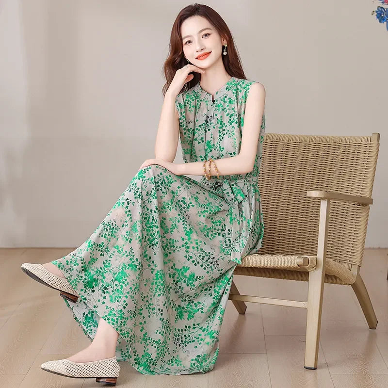 Summer Women's Ink Wash Floral Print Maxi Dress Sleeveless Stand Collar Tie Waist Casual Long Dress