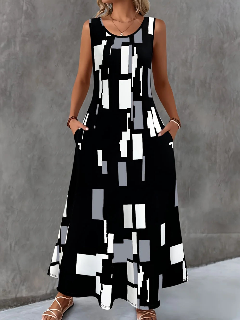 Women's Casual Dresses Summer Stylish Polka Dot Print Sleeveless Dress with Round Neck and Pockets Fashion Elegant Party Dresses