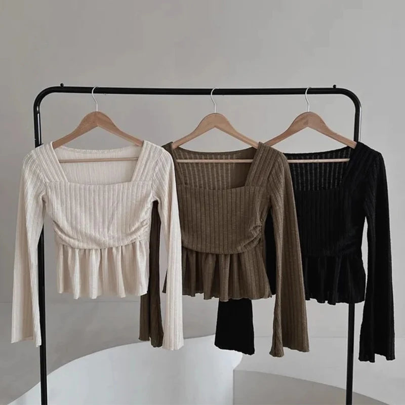 Chic Autumn Pure Desire Style Square Collar Pleated Slim Fit Bell Sleeve Knitted Top Women's Business Casual Fashion