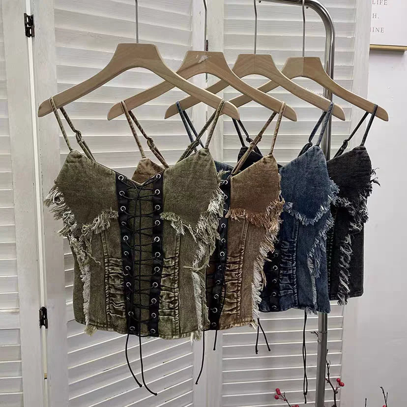 Vintage Distressed Denim Camisomle Raw Edge Lace-Up Cropped Tank Top for Layering & Edgy Outfits
