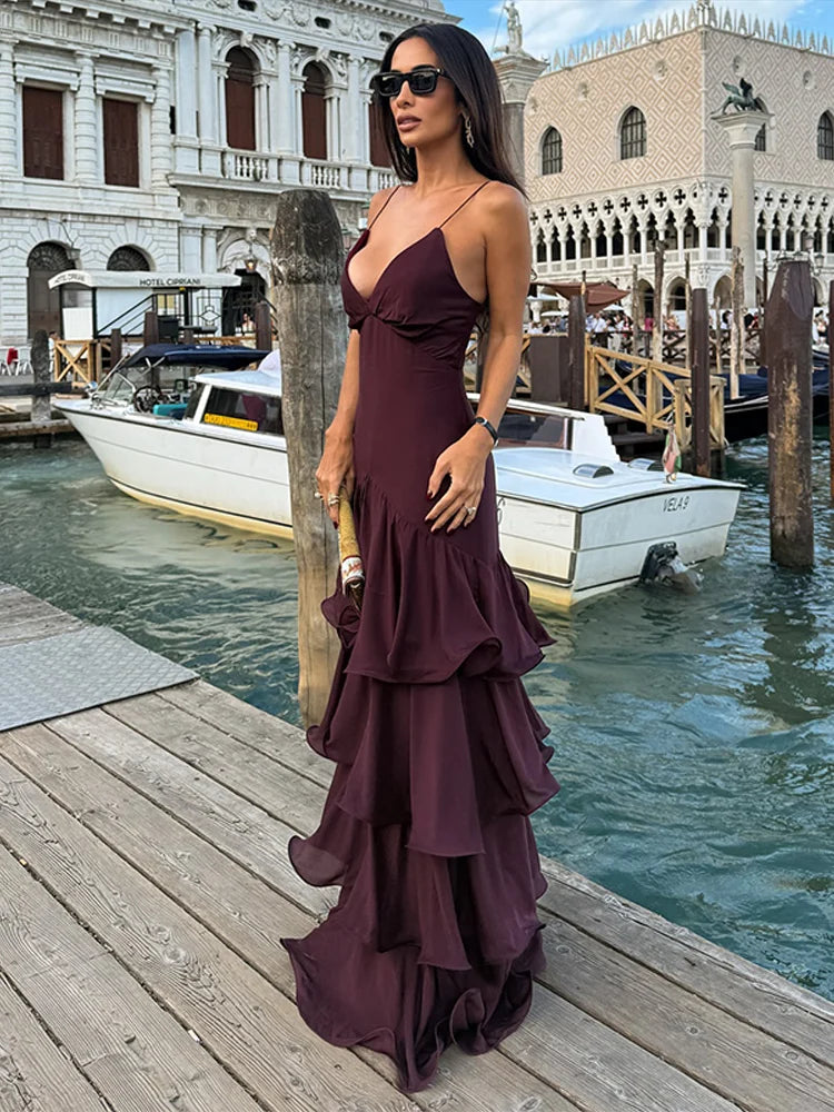 Sexy Ruffles Sling Long Cake Dress Women Sleeveless Backless V-neck Party Evening Dresses 2026 Summer Lady Slim Robes New