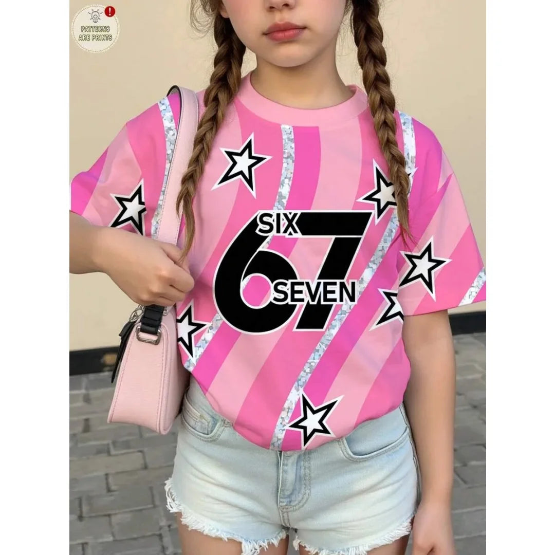 Children's 67 Christmas Elf Print Girls Short Sleeve Round Neck Tee Parties Casual Wear Comfort Children Clothes Girl Clothing