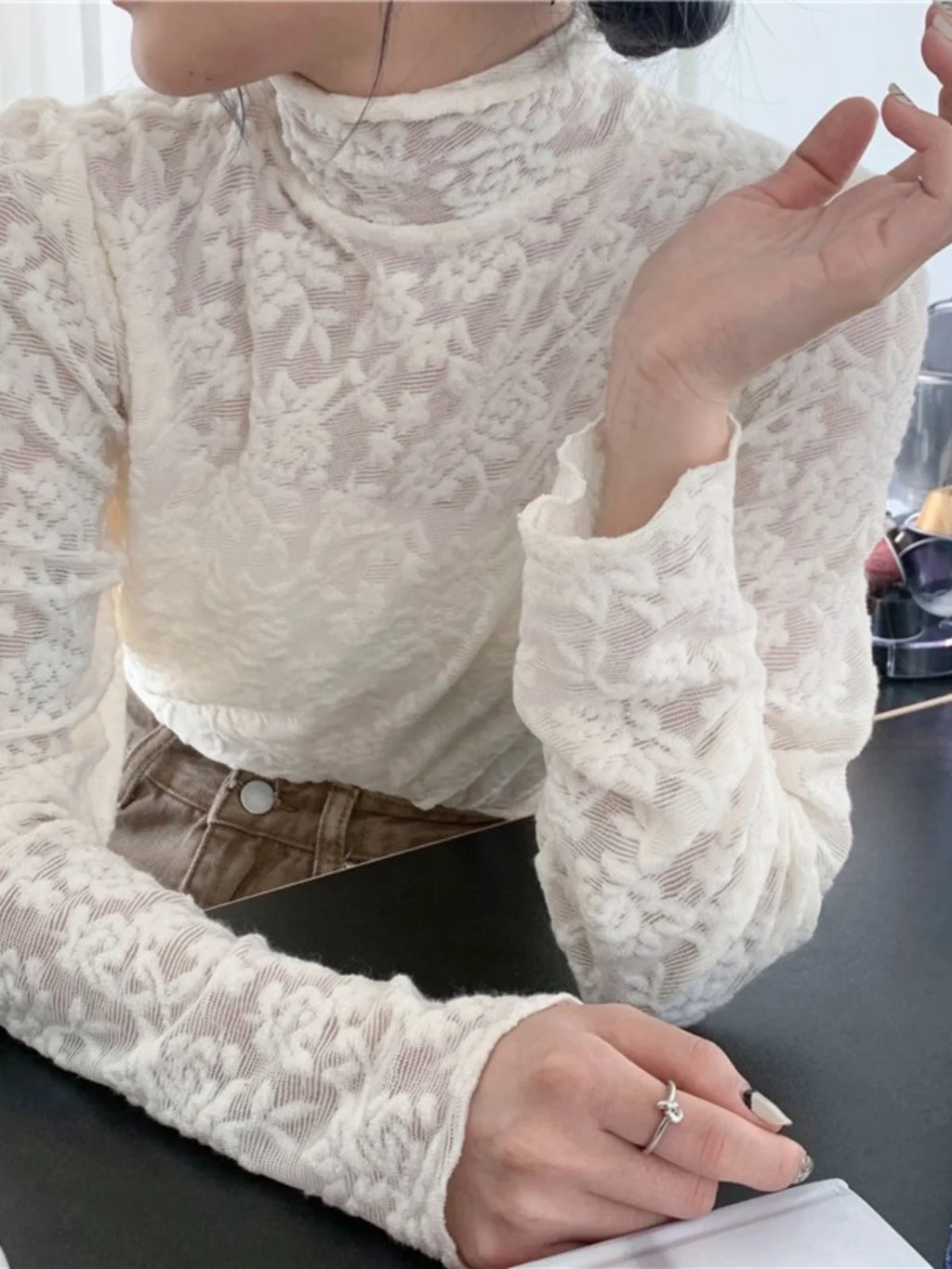 White Lace Long Sleeve Mesh Base Shirt Half High Collar Thin Slim Fit Inner Wear Top Korean Style Commute Fashion Design