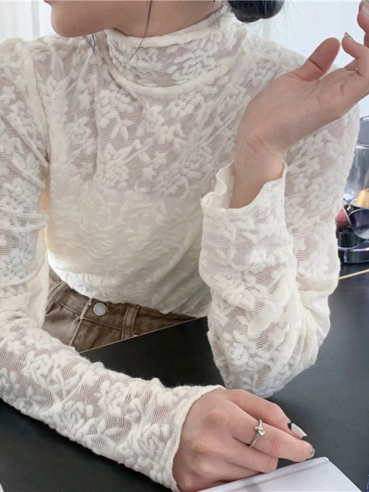 White Lace Long Sleeve Mesh Base Shirt Half High Collar Thin Slim Fit Inner Wear Top Korean Style Commute Fashion Design