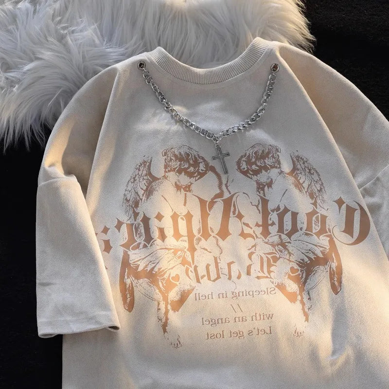 Streetwear BF Tshirts Women 2025 Ropa Mujer Y2k Tops Harajuku Chain Summer T-shirts O-neck Short Sleeve Tees Oversized T-shirt