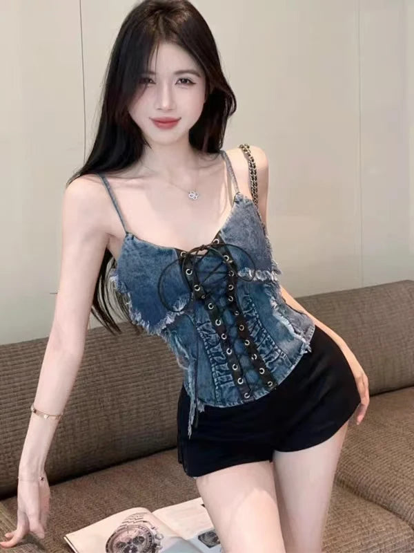 Vintage Distressed Denim Camisomle Raw Edge Lace-Up Cropped Tank Top for Layering & Edgy Outfits