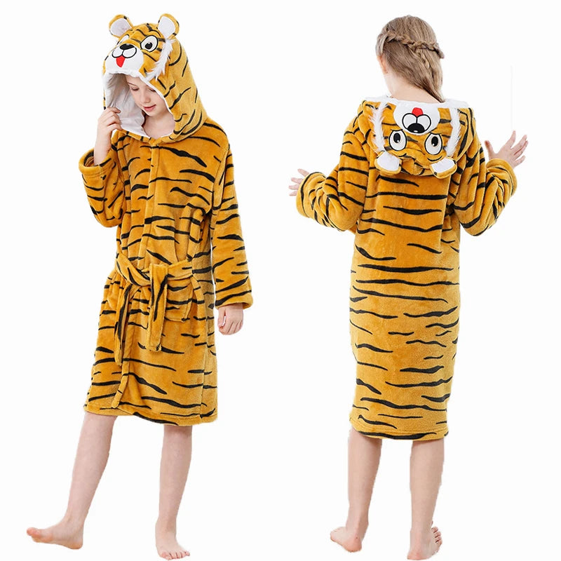 Kigurumi Dinosaur Bathrobes for Children 3 5 7 9 11 13 Years Kids Animal Flannel Homewear Boy Hooded Sleepwear Girls Nightgown