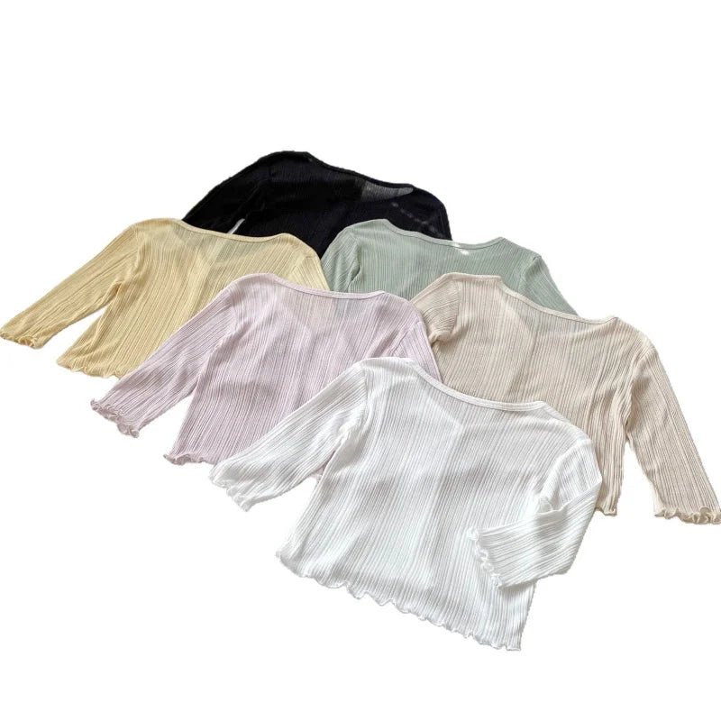Girls' sun-protective clothing, solid colors, lightweight, breathable, air-conditioned suits, summer cardigans with ruffles, jac