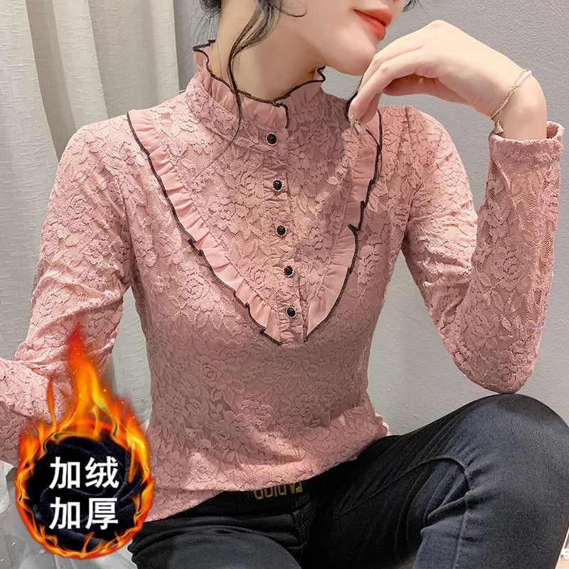 Fleece Lined Lace Long Sleeve Half High Collar Base Shirt Women's Sexy Mesh Top Slimming Versatile Korean Style Commute Wind