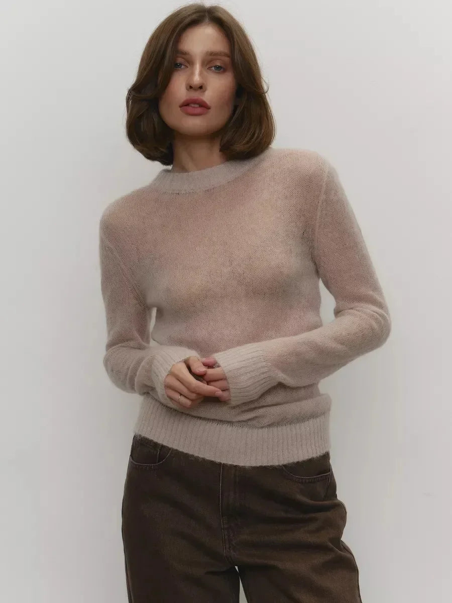 Blubelle Women's Elegant Slim Fit Sweater Summer Autumn Jumpers Casual Chic Round Neck Long Sleeved Fashion Loose Pullovers