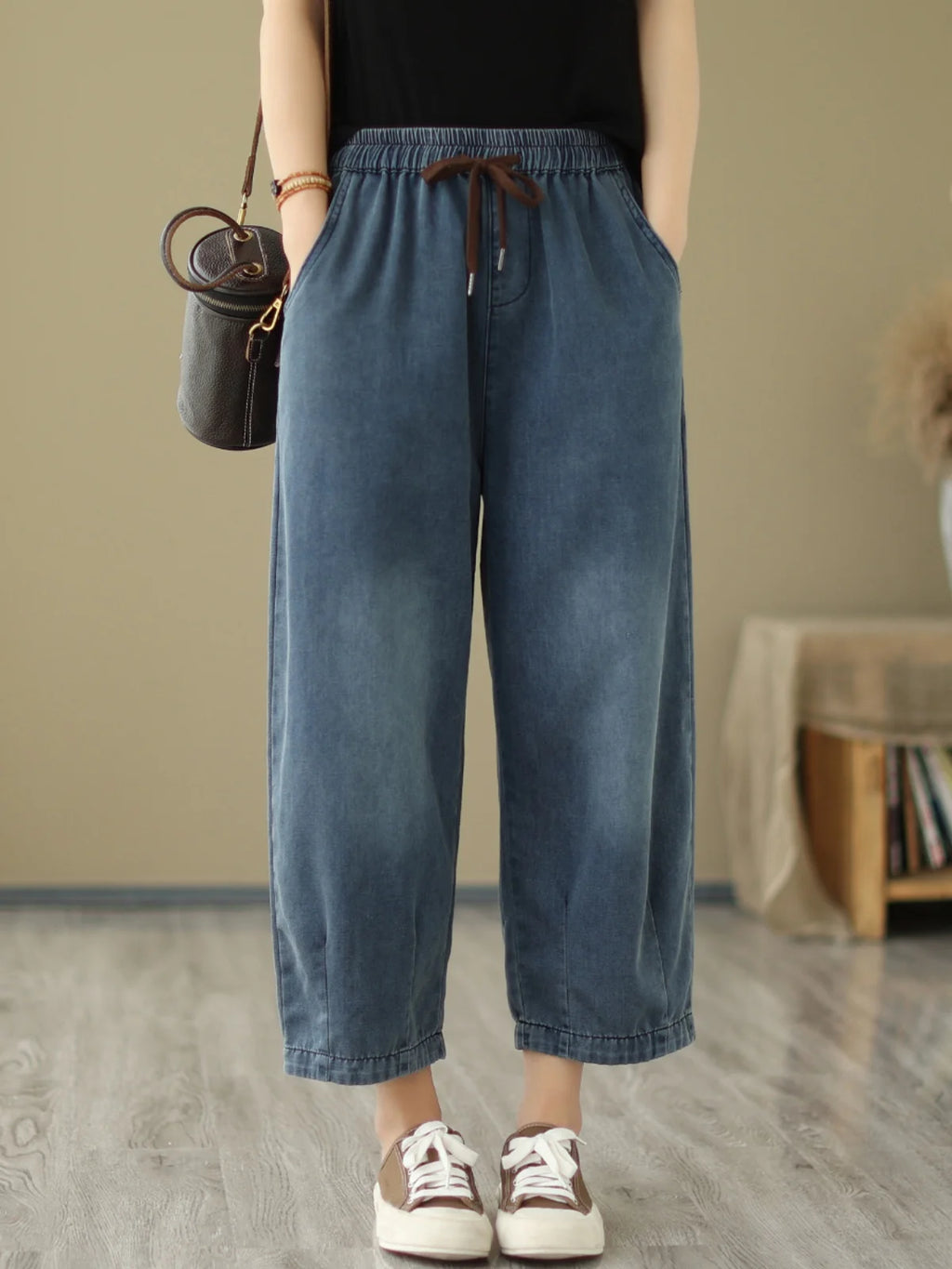 High Waist Straight Leg Jeans Women's Loose Casual Nine-Tenths Harlan Pants Elastic Waist Vintage Style Summer Thin Jeans