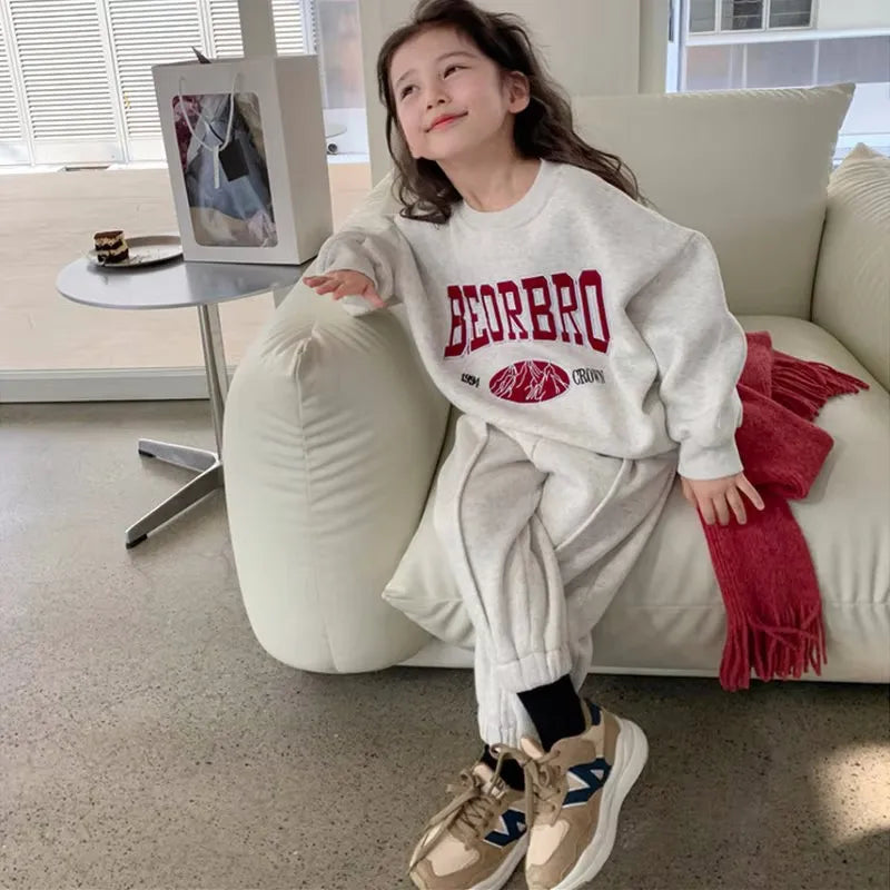 Winter Baby and Girls Gray Alphabet Warm Fleece Lined Sweatshirt+Sweatpant Kids Tracksuit Children Outfit Jogging Set 2-8 Years