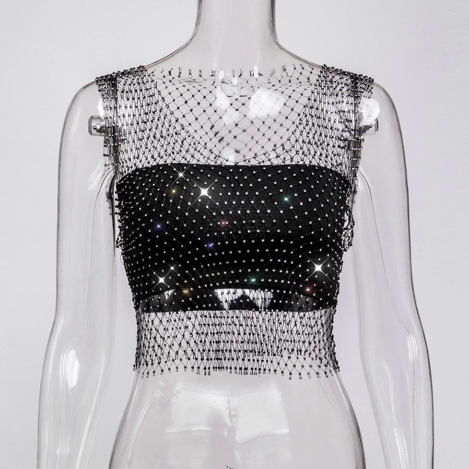 Women Sexy See Through Mesh Diamond Tank Tops Hollow Out Rhinestone Vest Beach Cover Up Crop Tops For Rave Festival Clubwear