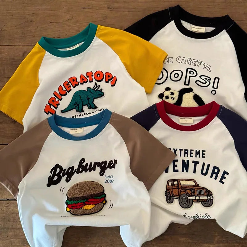 1-10 Age Kids Summer Short Sleeve Tops Boutique Fashion Childrens Crewneck T-shirt Loose Casual Patchwork Boy T-shirts