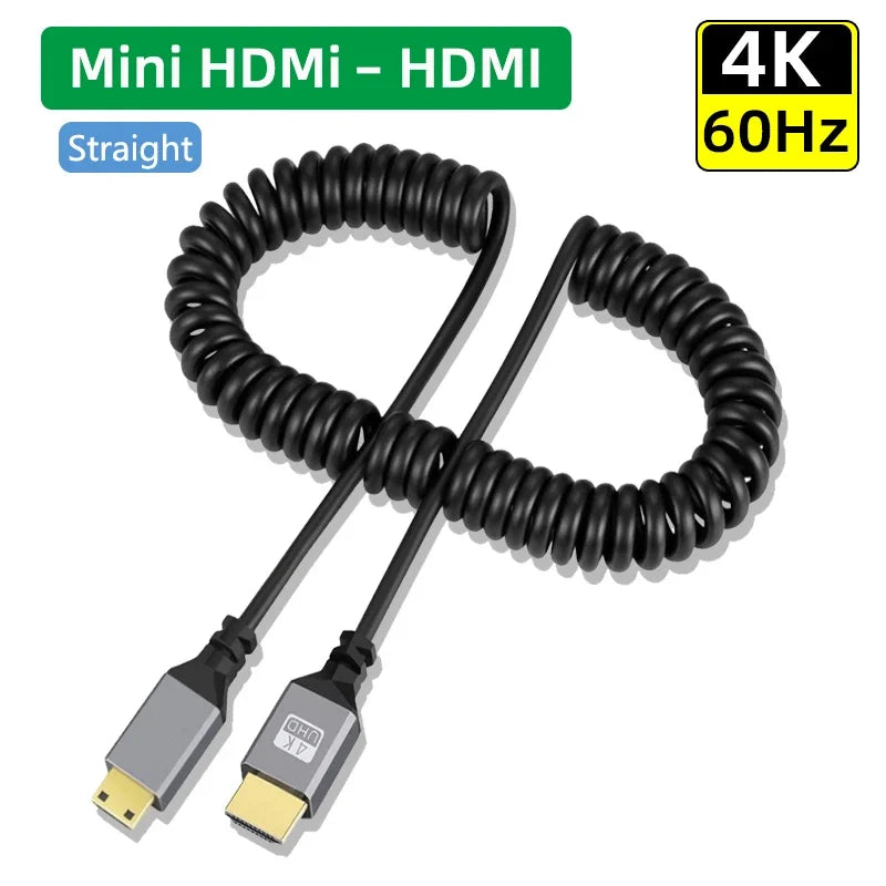 4K60HZ 0.5-2.0M Micro mini HDMI-Compatible TO HDMI Minihdmi Microhdmi Coiled Extension Flexible Spiral Cable Male to Male Plug