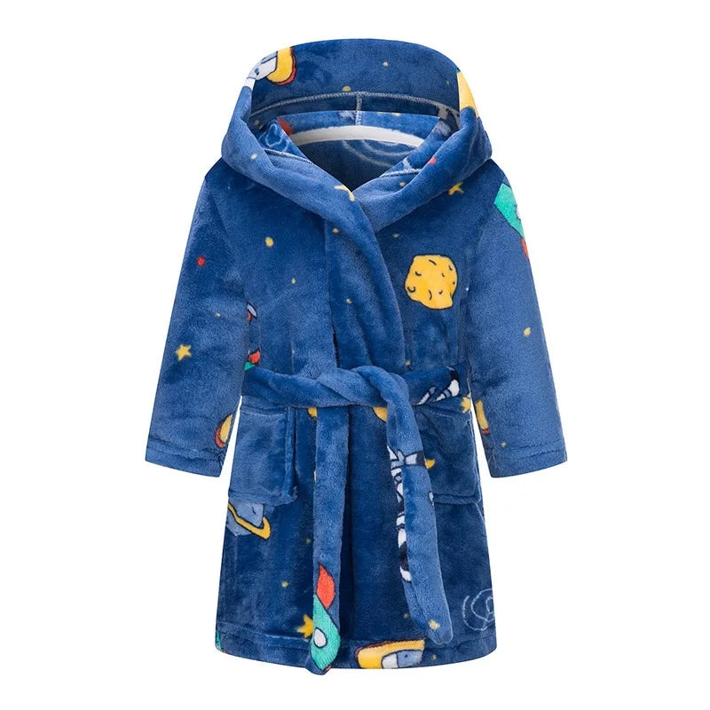 Kids Hooded Dinosaur Printed Flannel Bathrobe Babys Bath Robes Boys Astronaut Cartoon Soft Warm Pajamas Long Sleeves Towel Robe