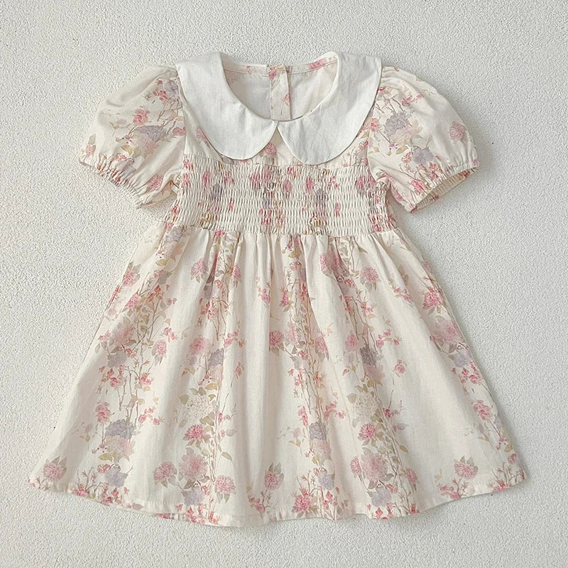 Fashion Girl Dress Pink Flowers Retro Lace Dress Cotton Princess Vestido Casual Round Neck Summer Dress New Sweet Kids Clothes