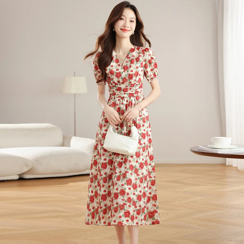 JiuMeiDai-Elegant A-Line V-Neck Dress for Women,  Red Floral Summer Robe, Vintage Designer Party Clothing, Office Lady
