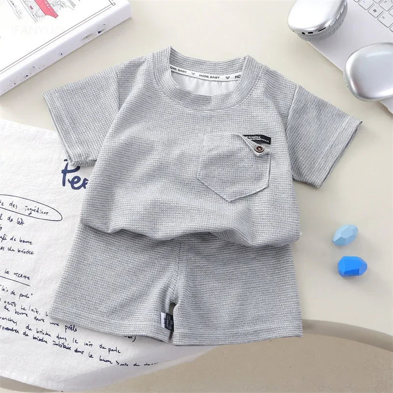 Children Clothing Summer Waffle Short Sleeved Outfits Fashion Boys Girls Casual Sports Shirt Suits Thin Solid Kids Top+pants Set