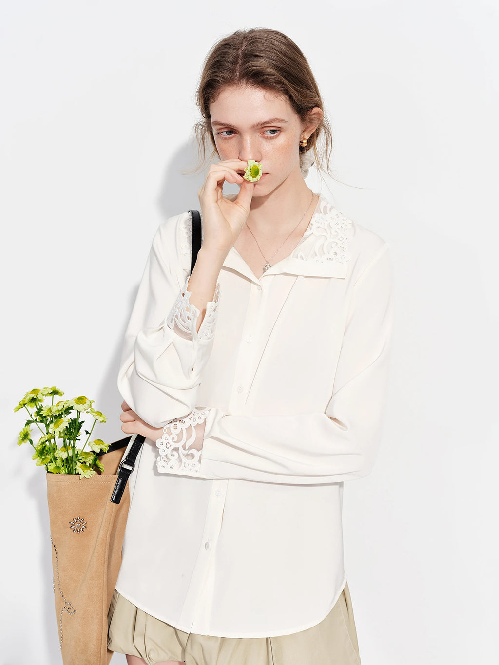 FSLE Satin Blouse for Women Suitable Commuting Straight Shoulders New Spring 2026 Style Lace Detailing Formal Occasions