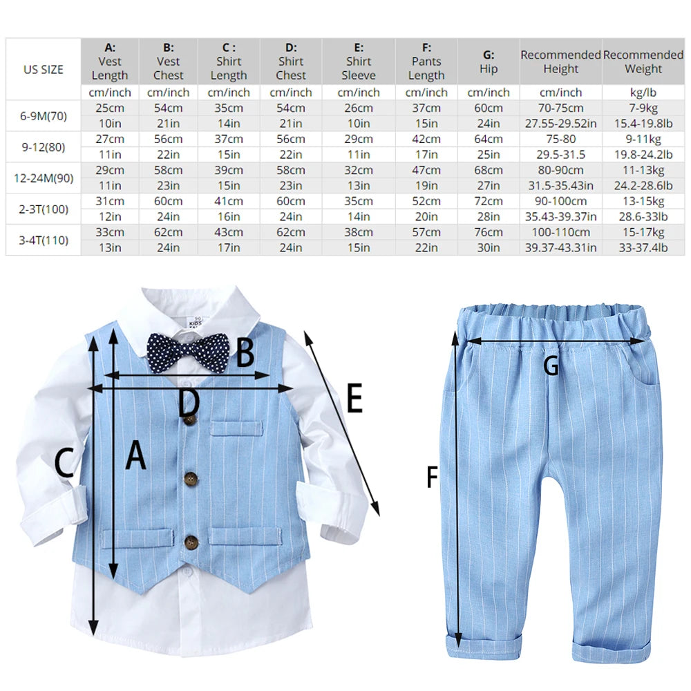 2026 Baby Boy Gentleman Suit Toddler Bow Tie White Shirt Vest+Pants Stripe Sets 3Pcs Formal Birthday Wedding Kids Party Clothes