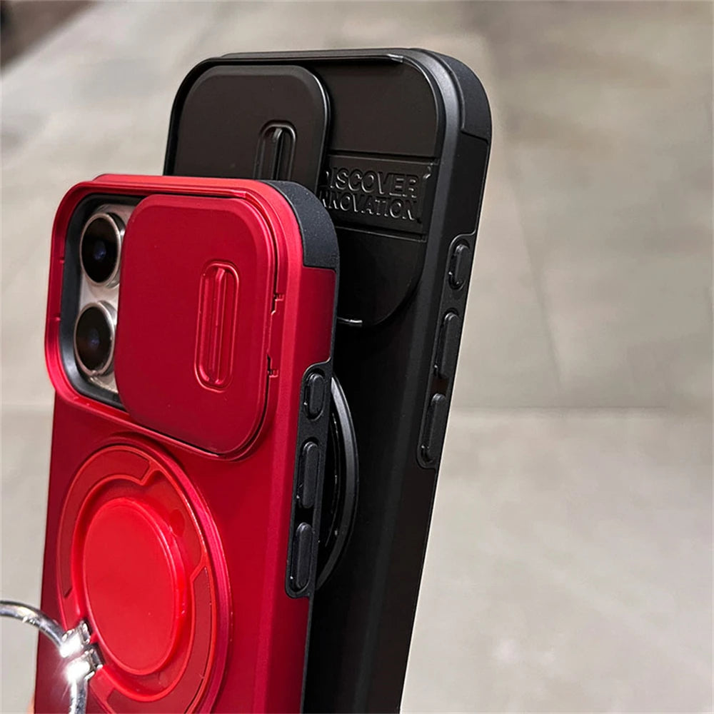 Luxury Slide Camera Lens Protection Magnetic Ring Holder Case For iPhone 17 Air 11 12 13 14 15 16 Pro Max Plus Shockproof Cover