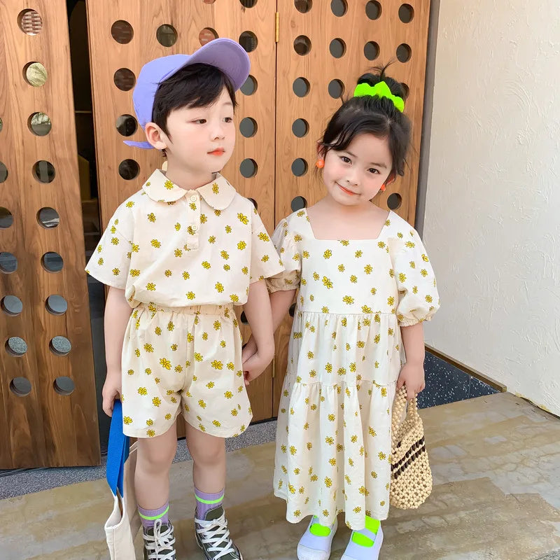 Summer Children Clothes Suit Floral Print Top And Shorts Casual Fashion Suit Kids Clothing For 2-6Y